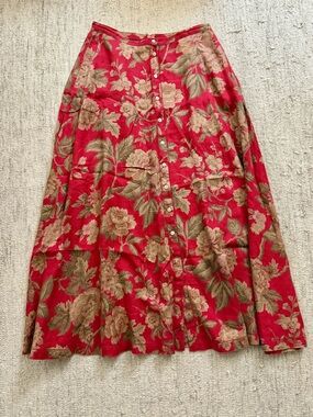 Vintage Size 8 Lauren Ralph Lauren 100% Linen Red Floral Maxi Skirt
